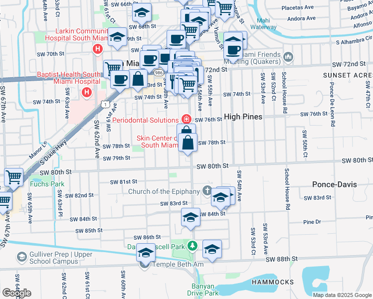 map of restaurants, bars, coffee shops, grocery stores, and more near 7800 Red Road in South Miami