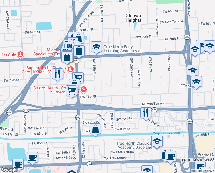 map of restaurants, bars, coffee shops, grocery stores, and more near 7660 Southwest 83rd Court in Miami