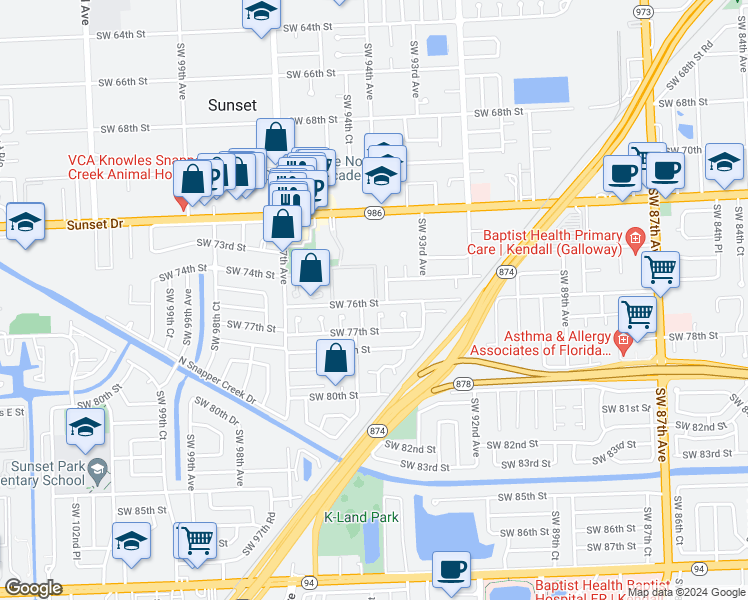 map of restaurants, bars, coffee shops, grocery stores, and more near 7615 Southwest 93rd Place in Miami