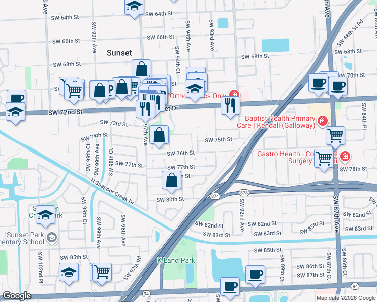 map of restaurants, bars, coffee shops, grocery stores, and more near 7615 Southwest 93rd Place in Miami