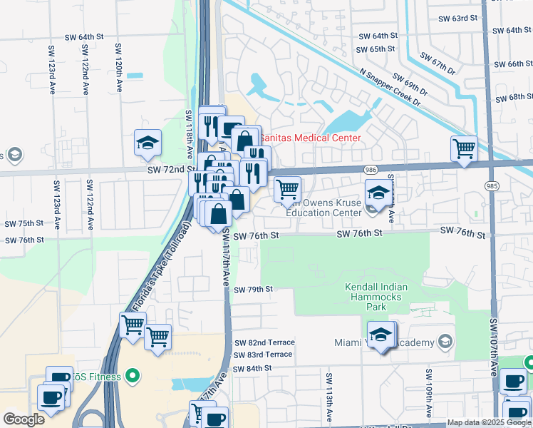 map of restaurants, bars, coffee shops, grocery stores, and more near 11448 Southwest 74th Terrace in Miami