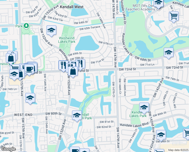 map of restaurants, bars, coffee shops, grocery stores, and more near 7420 Southwest 149th Court in Miami