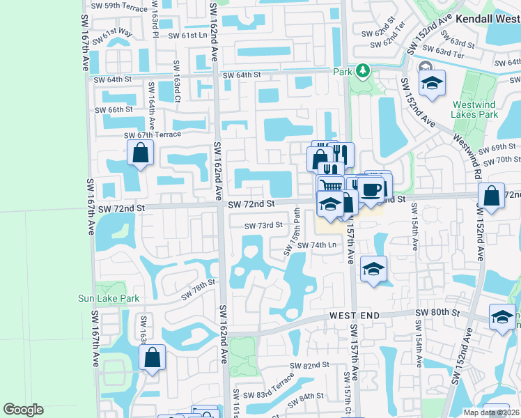map of restaurants, bars, coffee shops, grocery stores, and more near 16070 Southwest 72nd Terrace in Miami
