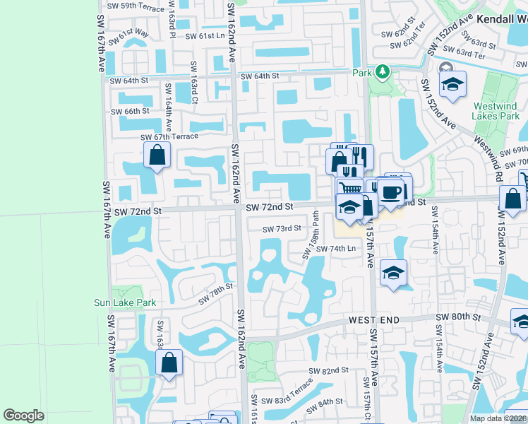 map of restaurants, bars, coffee shops, grocery stores, and more near 16070 Southwest 72nd Terrace in Miami