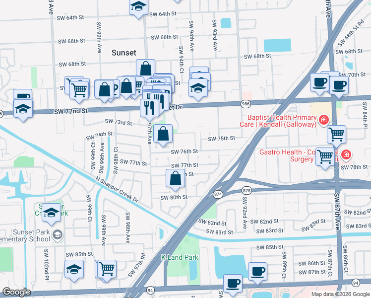 map of restaurants, bars, coffee shops, grocery stores, and more near 9437 Southwest 76th Street in Miami