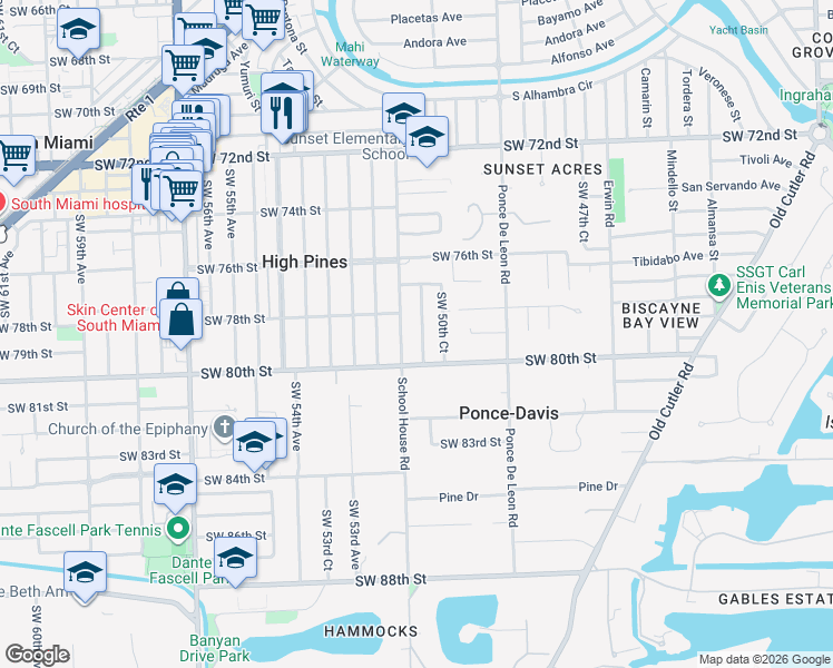 map of restaurants, bars, coffee shops, grocery stores, and more near 7910 School House Road in Miami