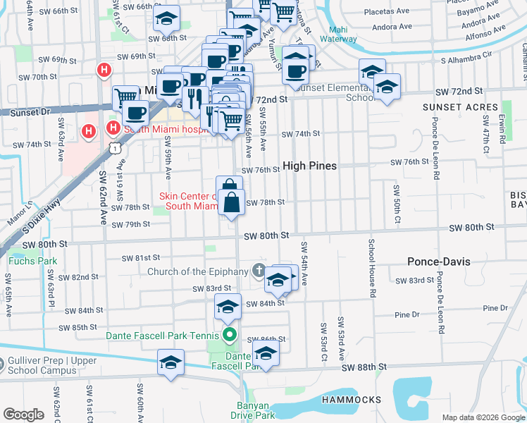 map of restaurants, bars, coffee shops, grocery stores, and more near 7911 Southwest 55th Avenue in Miami