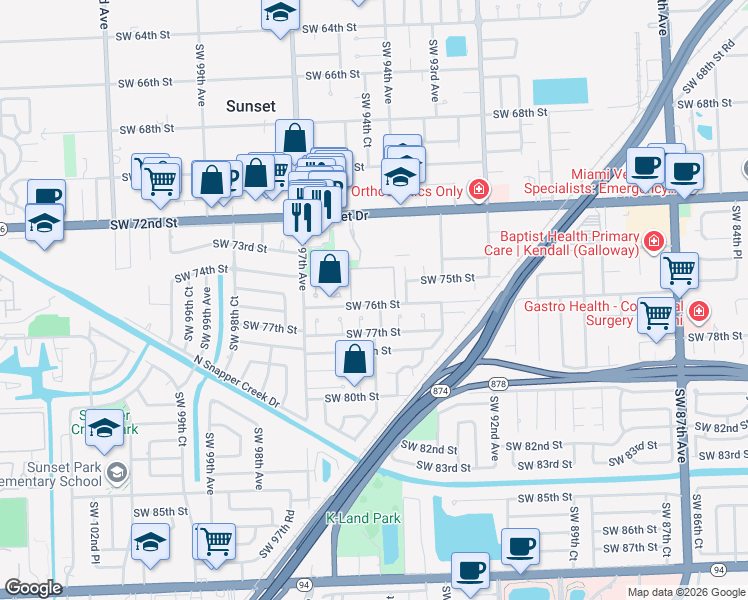 map of restaurants, bars, coffee shops, grocery stores, and more near 7611 Southwest 95th Avenue in Miami