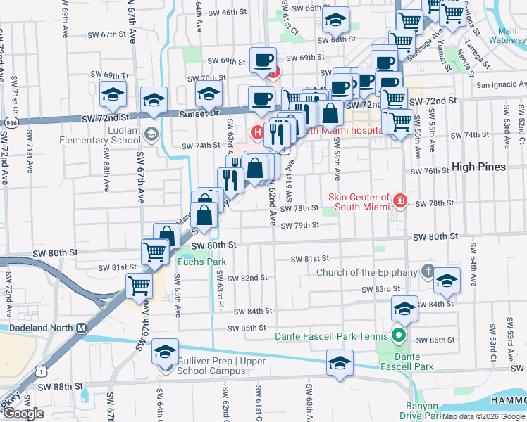 map of restaurants, bars, coffee shops, grocery stores, and more near 6201 Southwest 79th Street in South Miami