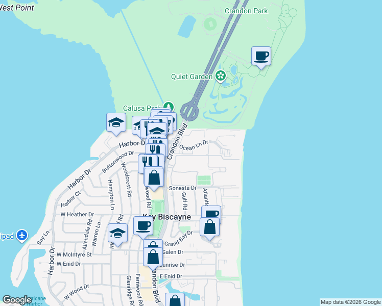 map of restaurants, bars, coffee shops, grocery stores, and more near 101 Crandon Boulevard in Key Biscayne