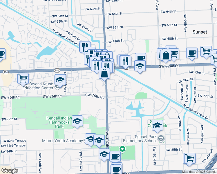 map of restaurants, bars, coffee shops, grocery stores, and more near 10635 Southwest 106th Place in Miami