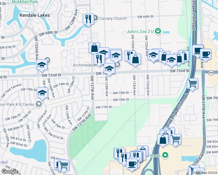 map of restaurants, bars, coffee shops, grocery stores, and more near 7480 South West 124th Court in Miami