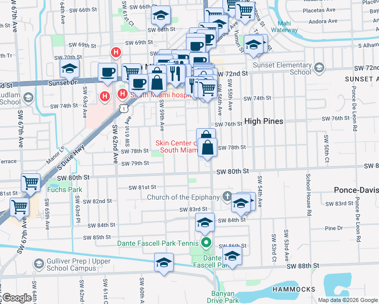map of restaurants, bars, coffee shops, grocery stores, and more near 7830 Southwest 58th Avenue in South Miami