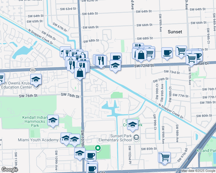 map of restaurants, bars, coffee shops, grocery stores, and more near 10466 Southwest 75th Lane in Miami