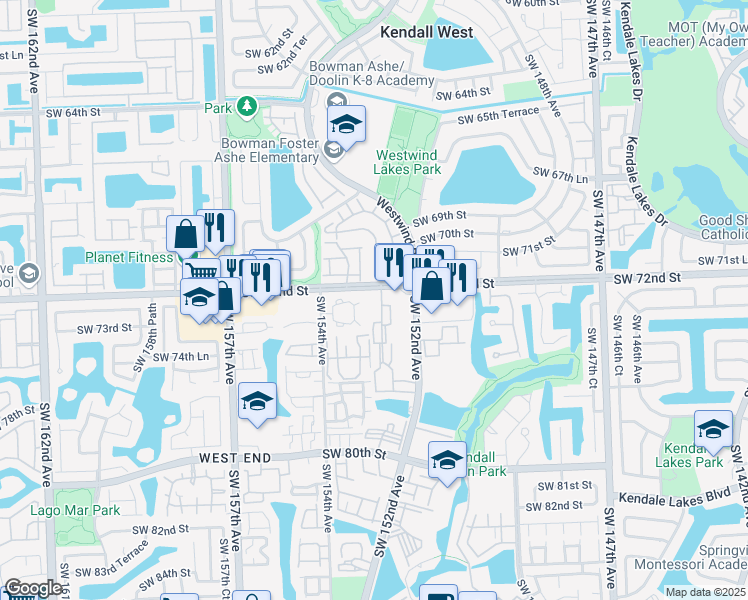 map of restaurants, bars, coffee shops, grocery stores, and more near 15331 Southwest 73rd Terrace Circle in Miami