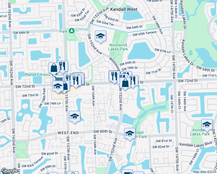 map of restaurants, bars, coffee shops, grocery stores, and more near 15331 Southwest 73rd Terrace Circle in Miami