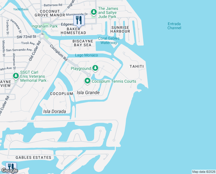 map of restaurants, bars, coffee shops, grocery stores, and more near 128 Paloma Drive in Coral Gables