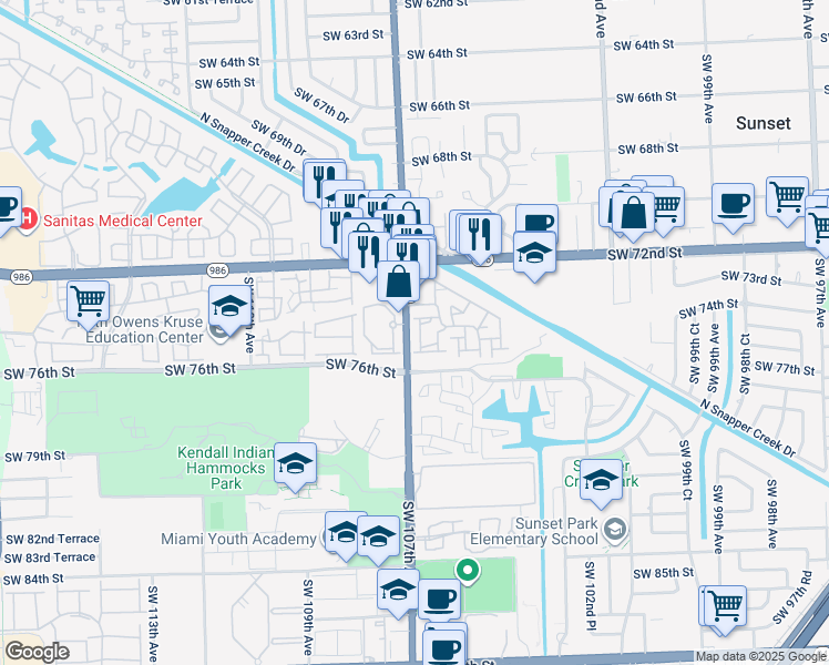 map of restaurants, bars, coffee shops, grocery stores, and more near 10635 Southwest 106th Place in Miami