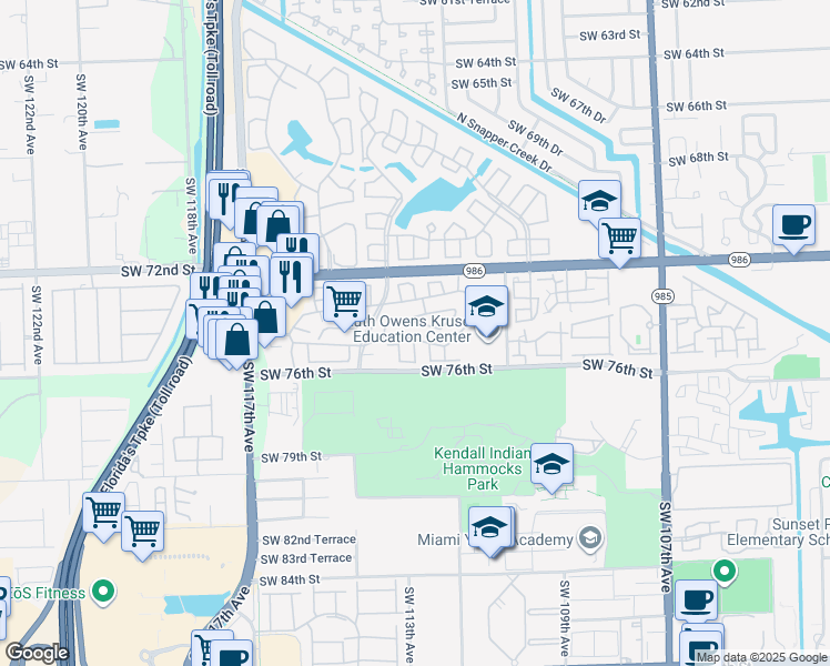 map of restaurants, bars, coffee shops, grocery stores, and more near 7476 Southwest 112th Place in Miami