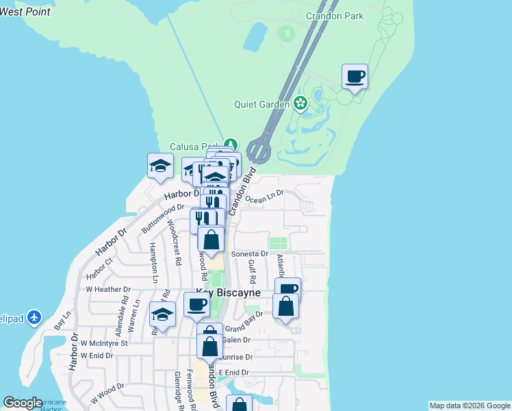 map of restaurants, bars, coffee shops, grocery stores, and more near 101 Crandon Boulevard in Key Biscayne