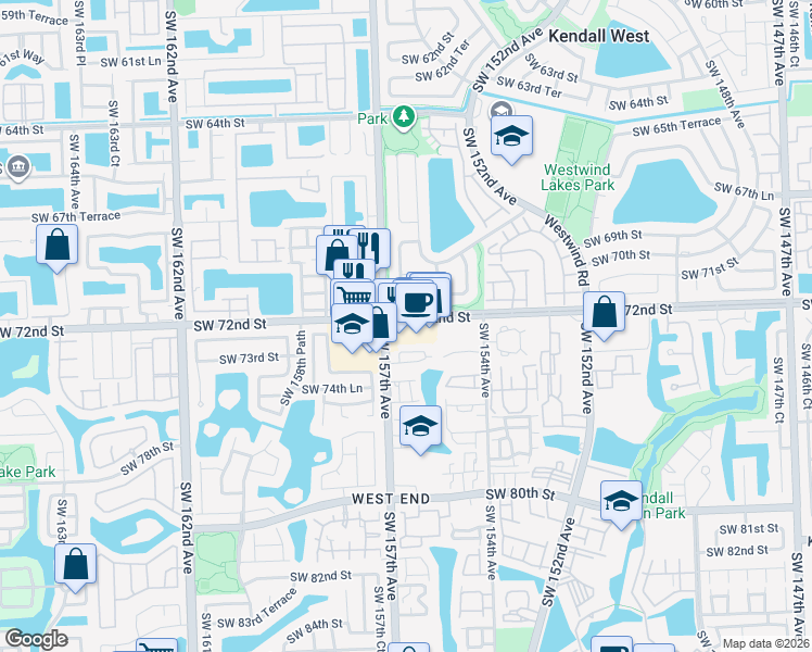 map of restaurants, bars, coffee shops, grocery stores, and more near 15649 Southwest 73rd Circle Terrace in Miami