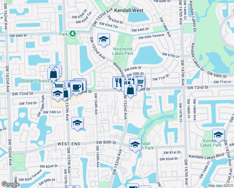 map of restaurants, bars, coffee shops, grocery stores, and more near 7330 Southwest 152nd Avenue in Miami