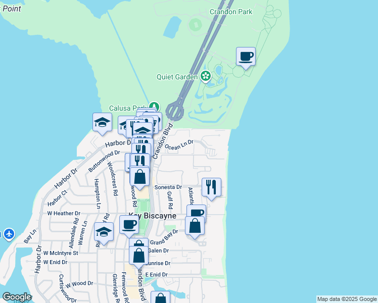 map of restaurants, bars, coffee shops, grocery stores, and more near 150 Ocean Lane Drive in Key Biscayne