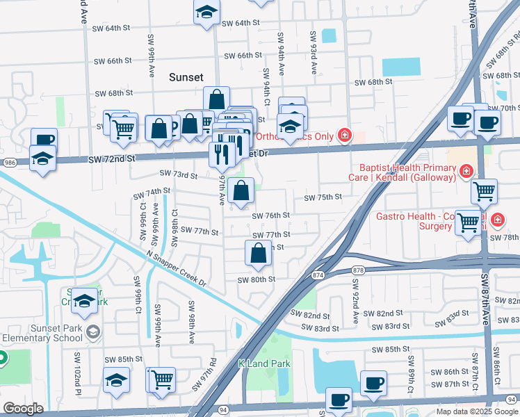 map of restaurants, bars, coffee shops, grocery stores, and more near 7611 Southwest 95th Avenue in Miami
