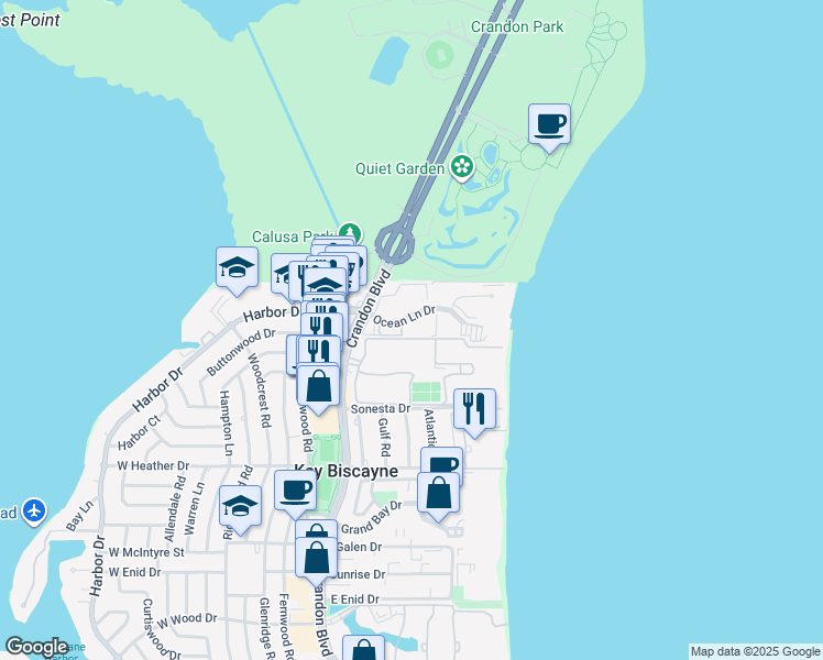 map of restaurants, bars, coffee shops, grocery stores, and more near 181 Crandon Boulevard in Key Biscayne