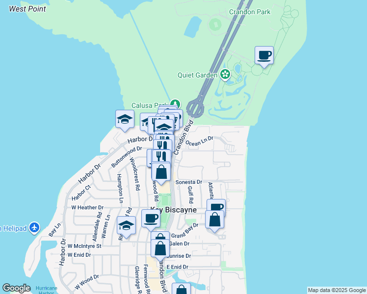 map of restaurants, bars, coffee shops, grocery stores, and more near 101 Crandon Boulevard in Key Biscayne
