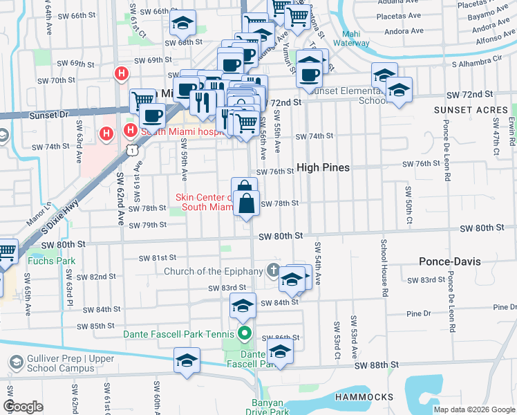 map of restaurants, bars, coffee shops, grocery stores, and more near 7905 Southwest 57th Avenue in South Miami