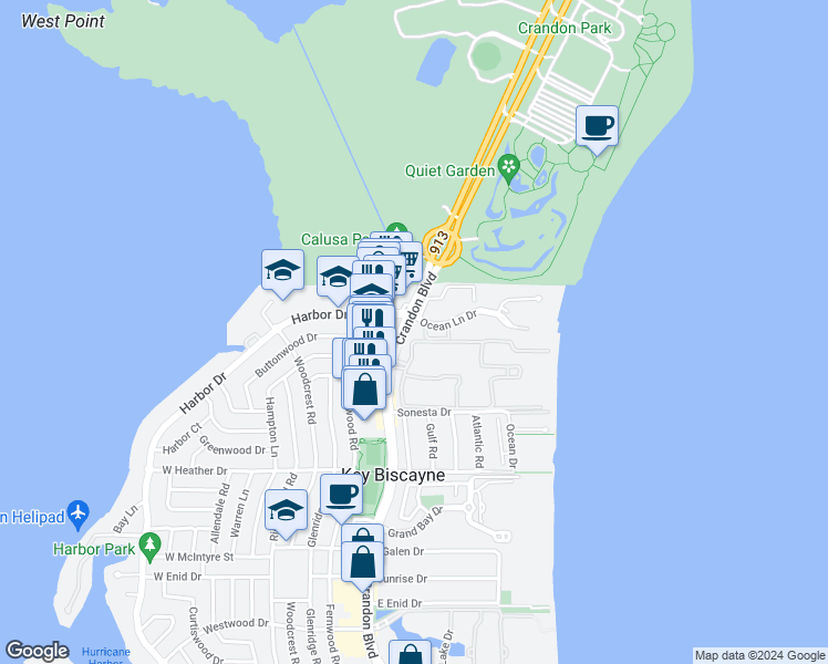 map of restaurants, bars, coffee shops, grocery stores, and more near 101 Crandon Boulevard in Key Biscayne