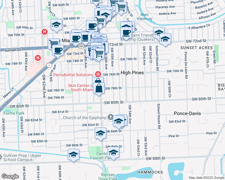 map of restaurants, bars, coffee shops, grocery stores, and more near 7911 Southwest 55th Avenue in Miami