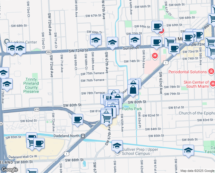 map of restaurants, bars, coffee shops, grocery stores, and more near 7801 Southwest 67th Avenue in South Miami