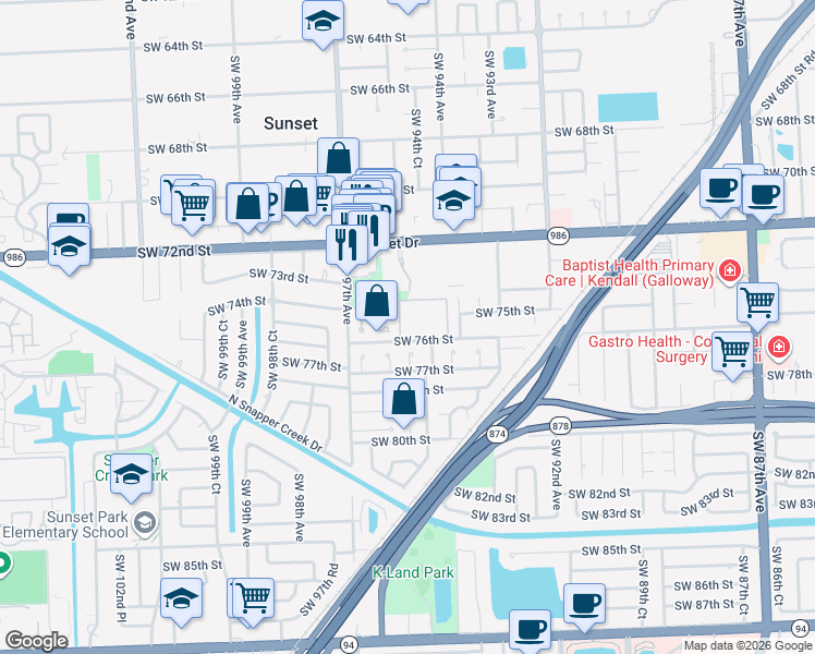 map of restaurants, bars, coffee shops, grocery stores, and more near 7611 Southwest 95th Avenue in Miami