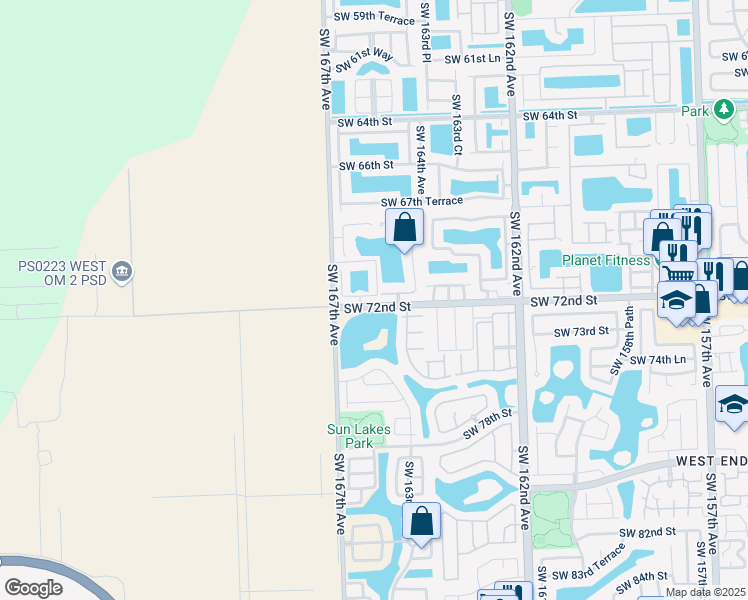 map of restaurants, bars, coffee shops, grocery stores, and more near 16592 Southwest 71st Terrace in Miami