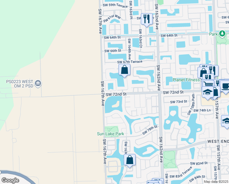 map of restaurants, bars, coffee shops, grocery stores, and more near 16592 Southwest 71st Terrace in Miami