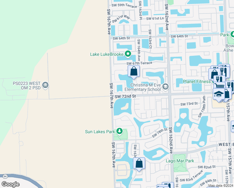 map of restaurants, bars, coffee shops, grocery stores, and more near 16592 Southwest 71st Terrace in Miami