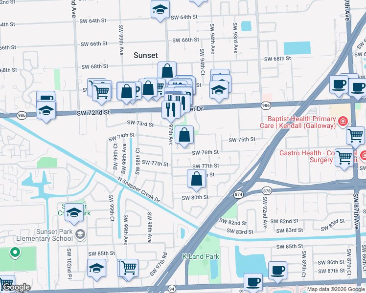 map of restaurants, bars, coffee shops, grocery stores, and more near 7625 Southwest 96th Court in Miami