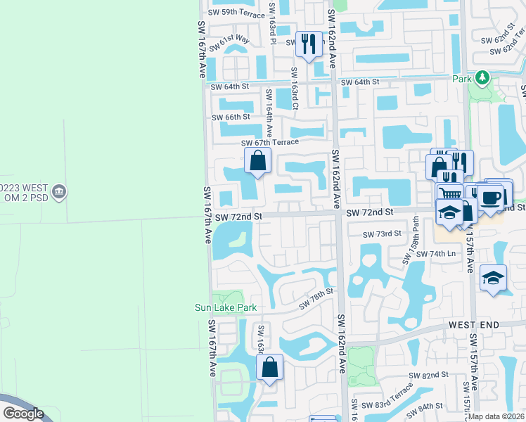 map of restaurants, bars, coffee shops, grocery stores, and more near 7240 Southwest 163rd Place in Miami