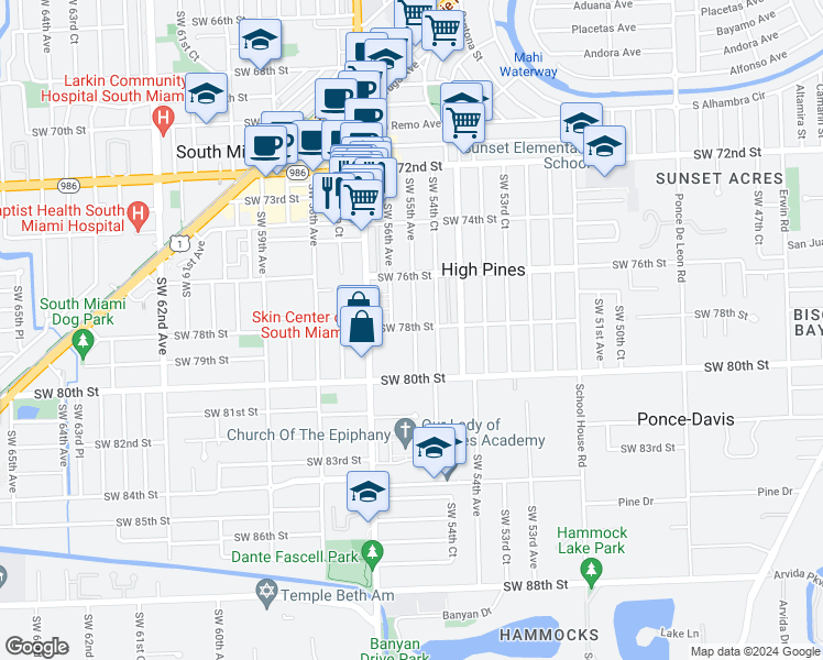 map of restaurants, bars, coffee shops, grocery stores, and more near 7721 Southwest 55th Avenue in Miami