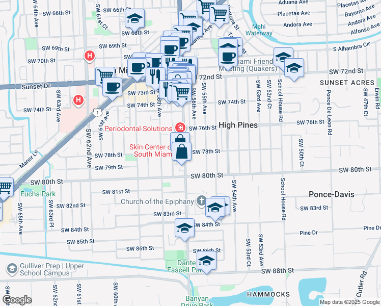 map of restaurants, bars, coffee shops, grocery stores, and more near 7716 Southwest 56th Avenue in Miami