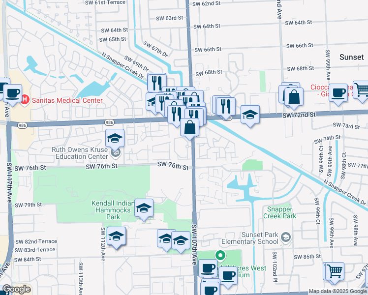 map of restaurants, bars, coffee shops, grocery stores, and more near 7380 Southwest 107th Avenue in Miami
