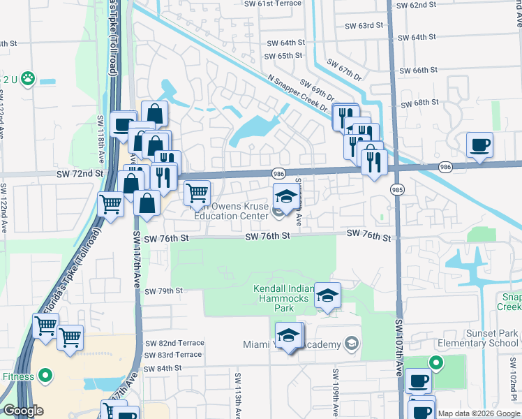 map of restaurants, bars, coffee shops, grocery stores, and more near 11279 Southwest 73rd Lane in Miami