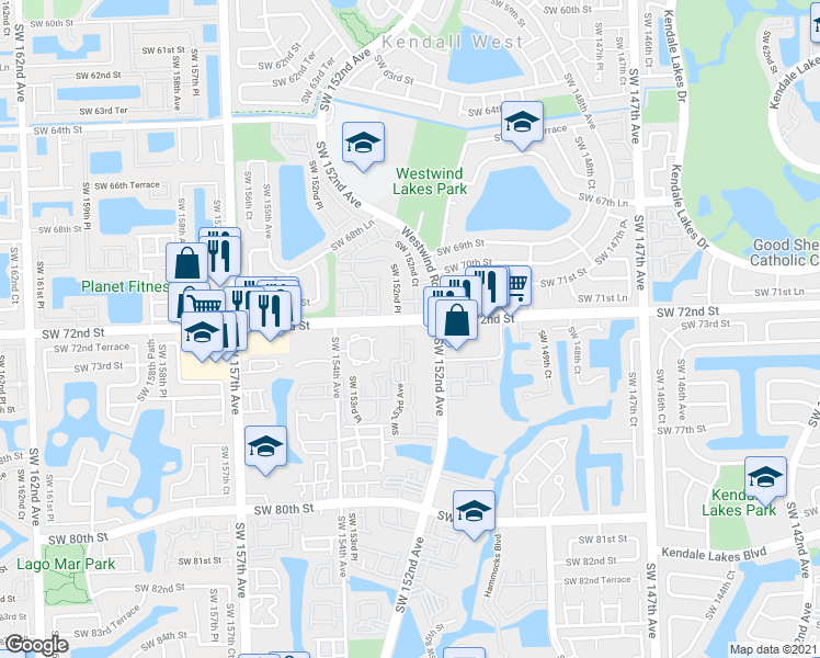 map of restaurants, bars, coffee shops, grocery stores, and more near 15216 Southwest 71st Lane in Miami