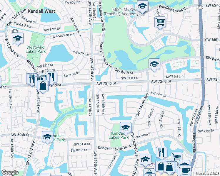 map of restaurants, bars, coffee shops, grocery stores, and more near 14525 Southwest 73rd Street in Miami