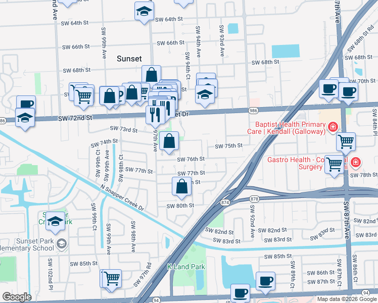 map of restaurants, bars, coffee shops, grocery stores, and more near 53 Southwest 93rd Place in Miami