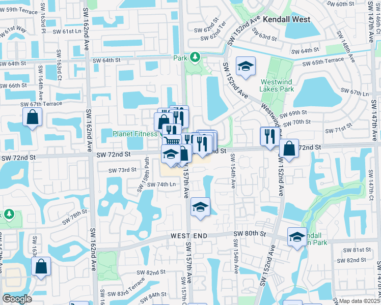 map of restaurants, bars, coffee shops, grocery stores, and more near 15680 Southwest 72nd Street in Miami