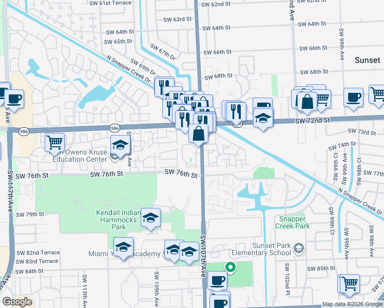 map of restaurants, bars, coffee shops, grocery stores, and more near 7400 Southwest 107th Avenue in Miami