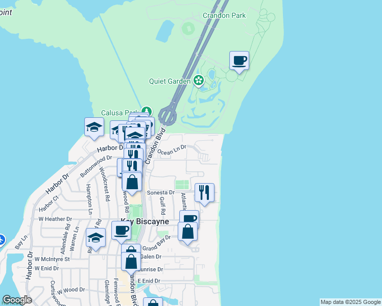 map of restaurants, bars, coffee shops, grocery stores, and more near 177 Ocean Lane Drive in Key Biscayne
